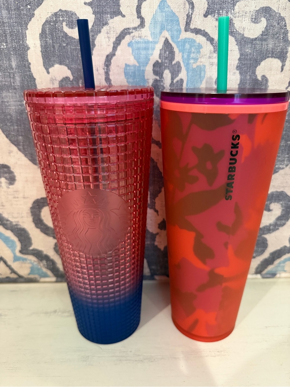 Starbucks Ombre Pink-to-Blue Studded Tumbler and Red Camo Travel Cup Set